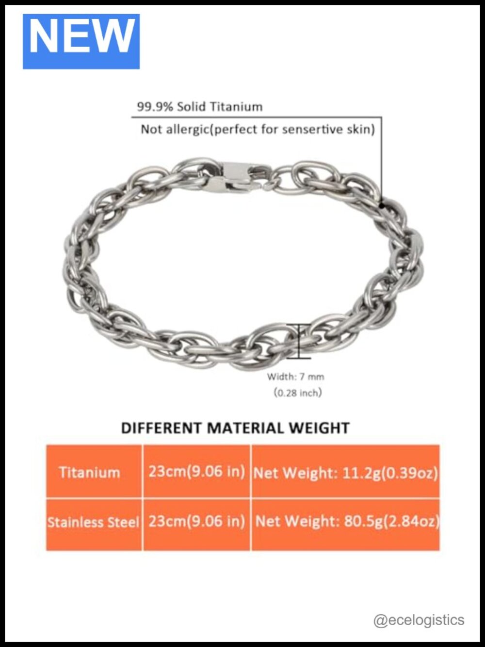 Pure Titanium Twist Link Chain Bracelet 7mm Lobster Claw Unisex Gift Box - Picture 3 of 6